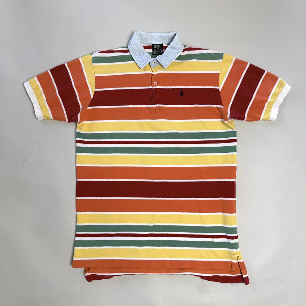 Vtg Polo By Ralph Lauren Polo Shirt Mens XL Multicolor Stripe Denim Collar Pique